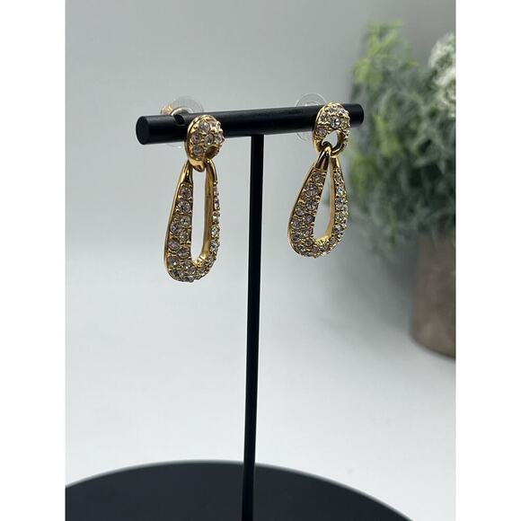SWAROVSKI Swan Vintage Gold Crystal Dangle Drop Designer Door Knocker Earrings - Picture 12 of 14